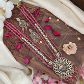 Premium 3 Layer Victorian Diamond Peacock Pendant Haram-Pink Bead-VV1789